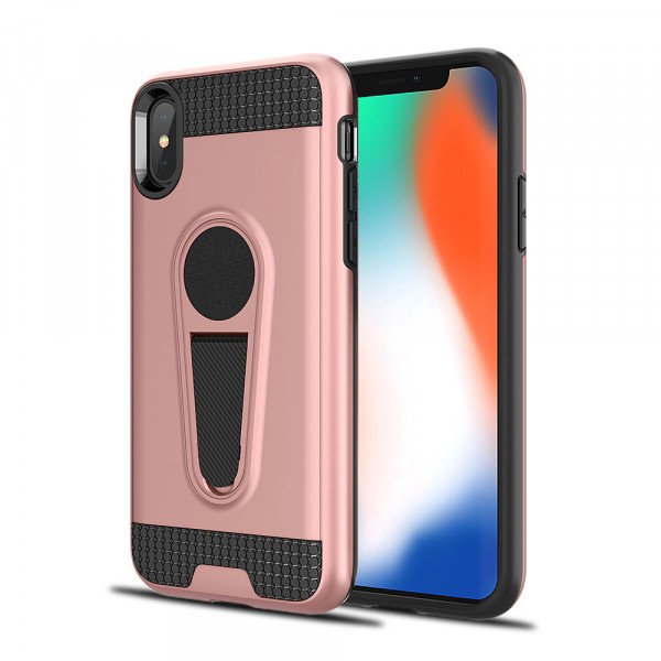 Wholesale iPhone Xr 6.1in Metallic Plate Stand Case Work with Magnetic Mount Holder (Rose Gold)